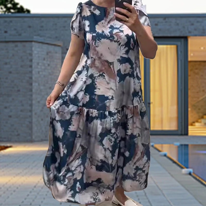 Loose Floral Dress with Round Neck & Short Sleeves